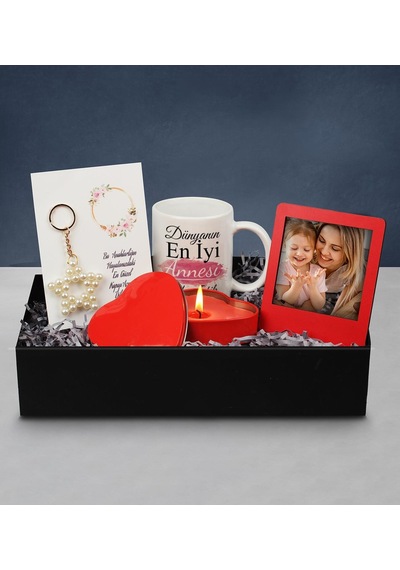 Anneler Gününe Özel Tasarım Kupa & Kalp Mum & Kişiye Özel Fotoğraf Çerçevesi & Yıldız Anahtarlık Hediye Seti