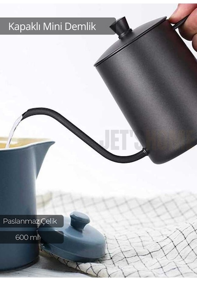 Kapaklı Demlik Paslanmaz Kahve Demliği İndüksiyon Uyumlu Çelik Demlik 600 Ml Siyah