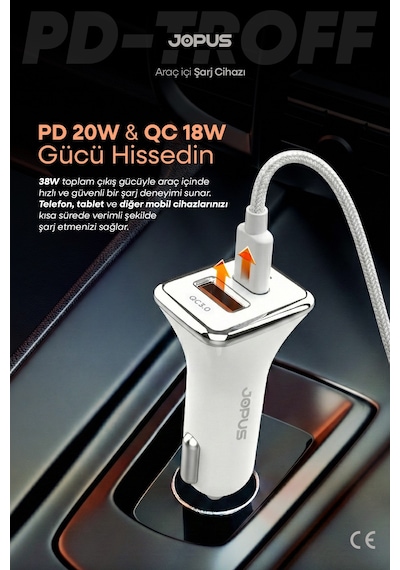 Jopus USB ve Type-C Girişli 38W Hızlı Araç Çakmaklık Şarj Aleti Başlığı Universal JO-A7
