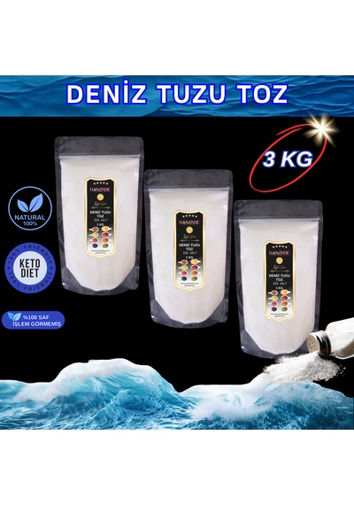 Hanzade Bitkisel Saf Deniz Tuzu Toz Öğütülmüş İyot İlavesiz 3 x 1 KG