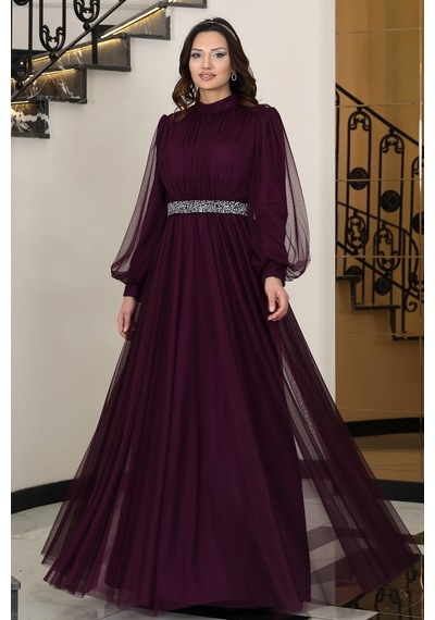 Raika Moda Alia Şık Taş Detaylı Büyük Beden Tesettür Abiye - Alya Mürdüm