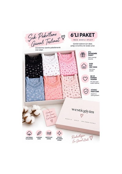 Westicgiyim Kadın İp Askılı Dantelli Atlet 6 Lı Paket %95 Pamuk Likralı Desenli Asorti İç Giyim M-l-xl-2xl Çok Renkli