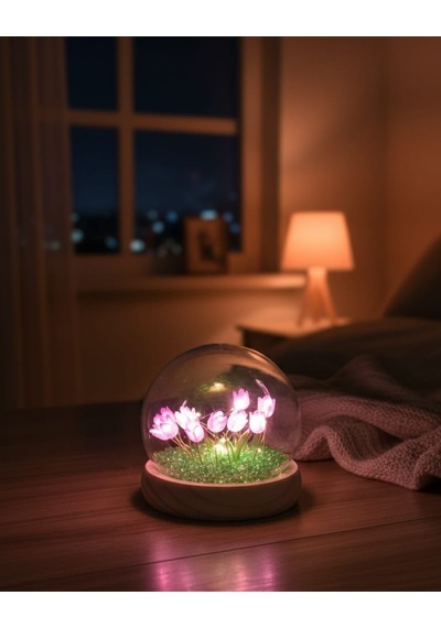 Ev Dekorasyon Dekoratif Lale Çiçek Gece Lambası Led Işıklı Kristal Taşlı Yeşil