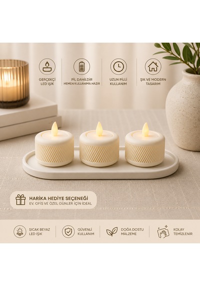 3 Lü Led Mum Seti Tealight Pilli Dekoratif Mumluk Tablalı Gerçekçi Işık Efekti Beyaz