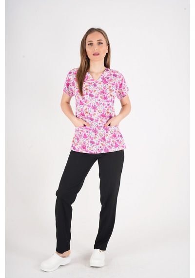 Unisex Pembe Prenses Desenli Likralı Scrubs Hemşire Doktor Hastane Üniforma Takımı Pembe