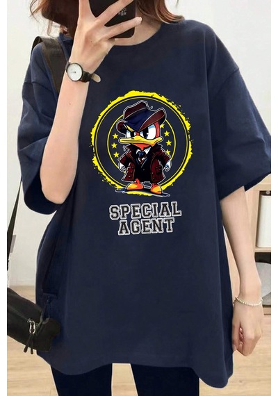 Unisex Special Agent Baskılı Oversize Tshirt Lacivert