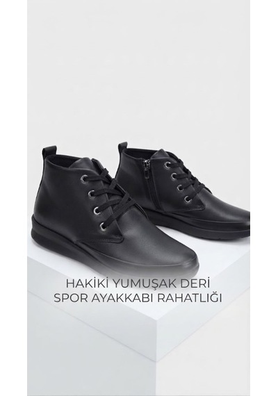 Ender Hakiki Deri Topuksuz Bağcıklı Fermuarlı Kadın Bot Siyah