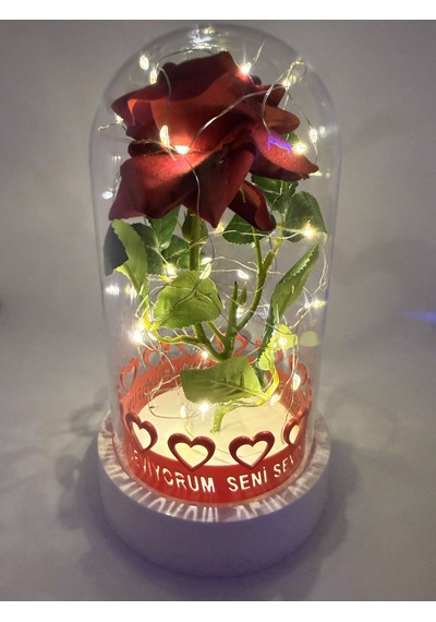 Sevgililer Günü Hediyesi - Işıklı Fanus İçinde Tek Kırmızı Gül - Işıklı Fanus 12x20 Cm Hediye Kalp Anahtarlık Ebat-12x20 Cm