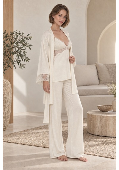 Loule Bej Melanj Kirpik Dantelli Modal Sabahlıklı Pijama Takımı