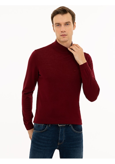 Cacharel Bordo Slim Fit Yarım Balıkçı Basic Triko Kazak Kırmızı
