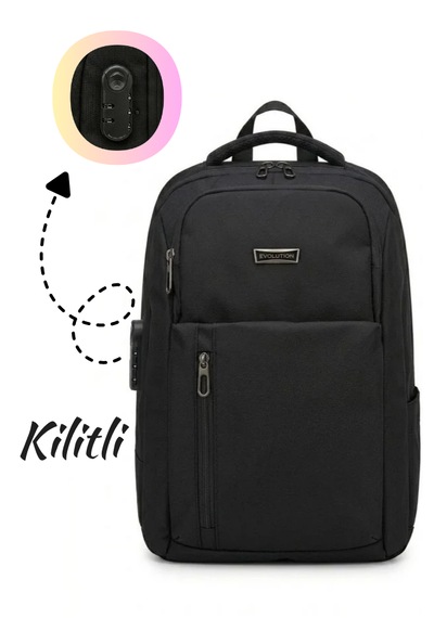 Evolution Usb Girişli & Şifre Kilitli Laptop Sırt Çantası Siyah
