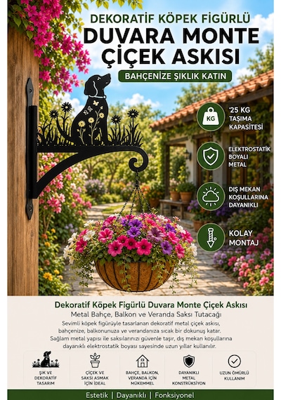 Dekoratif Köpek Figürlü Metal Duvara Monte Çiçek Askısı Lazer Kesim Saksı Askılığı Bahçe, Balkon Ve Veranda Dekoru Siyah