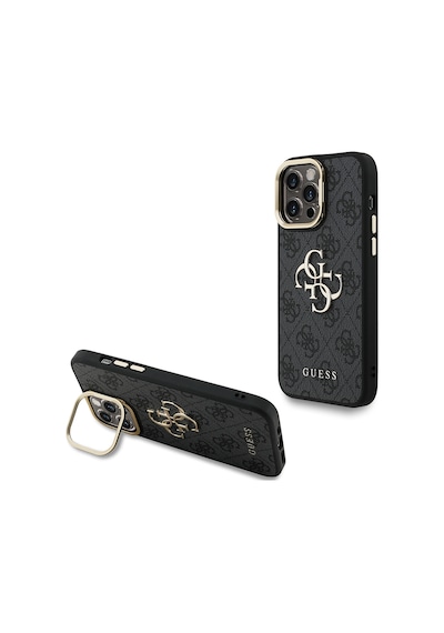 Apple iPhone 14 Pro Max Uyumlu Kılıf Guess Lisanslı Metal 4g Ve Yazı Logolu Kamera Standlı Kapak Siyah