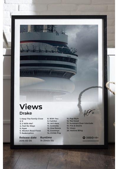 Drake Views Siyah Ahşap Çerçeveli Poster, Dekoratif Müzik Albüm Duvar Tablosu