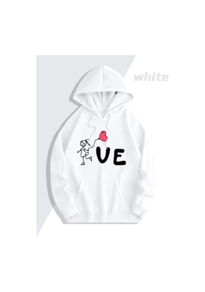 Nevermind Sevgili Çift Kombini Love Baskılı Kapüşonlu Sweatshirt 2li Set Ta Beyaz