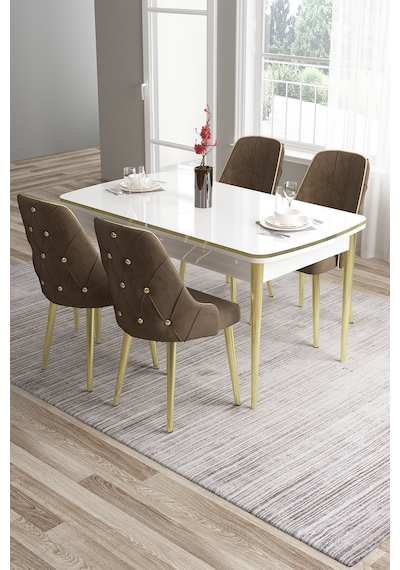 Canisa Tia Serisi 80x132 Açılabilir Mdf Mutfak Masası Takımı Beyaz Masa Gold Detay 4 Kahverengi Sandalye Masa Beyaz Sandalye Kahve Canisa Tia Serisi 80x132 Açılabilir Mdf Mutfak Masası Takımı Beyaz Masa Gold Detay 4 Kahverengi Sandalye Masa Beyaz Sandalye Kahve