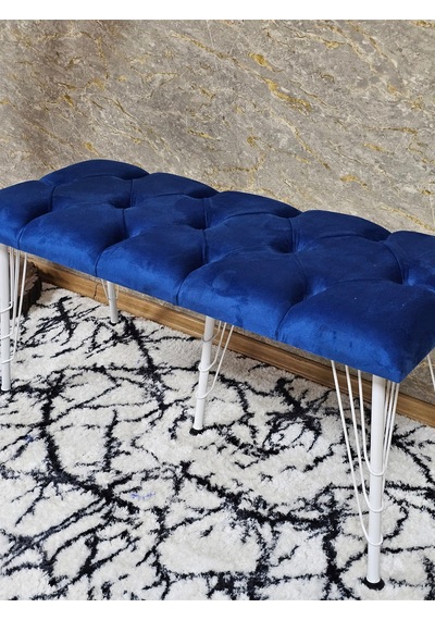 Zafir Metal Beyaz Tel Ayaklı 100 Cm Puf Bench - Puf - Bench - Oturak - Mutfak Oturağı - Antre Oturağı Mavi