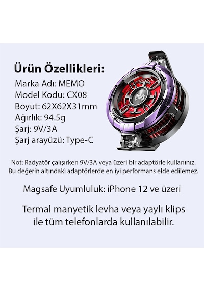 Memo Cx08 Apple Uyumlu iOS Android Soğutucu 15w Manyetik + Arka Klips 2'si 1 Arada Yarı İletken Soğutma Fanı Radyatörü