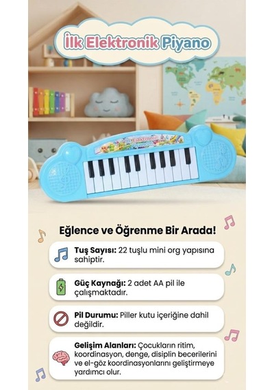 Küçük Elektronik Piyanom Sesli Pilli 22 Tuşlu Taşınabilir Eğlenceli Oyuncak Piyano