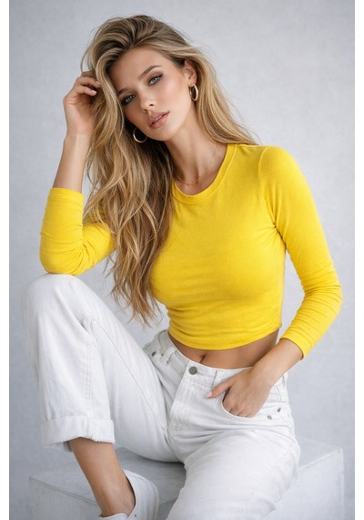 Wild Bee Kadın Sarı Bisiklet Yaka Uzun Kollu Basic Bluz