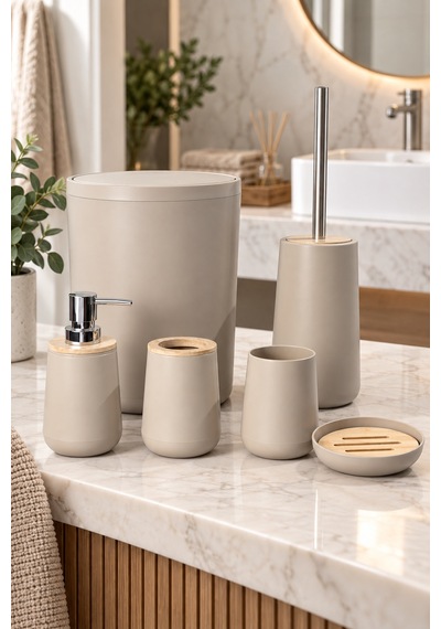 Eva 6 Parça Bambu Detaylı Banyo Seti Bej