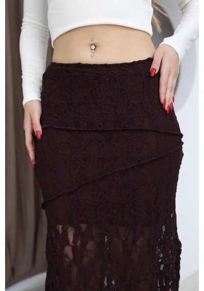 Moda Banuş Mürdüm Dantelli Uzun Astarlı Asimetrik Etek Bordo Bordo