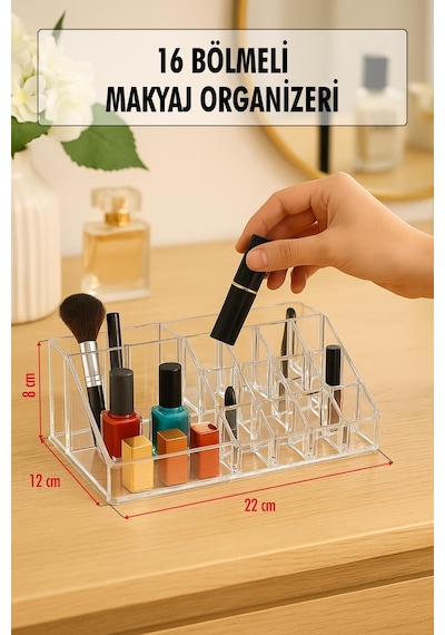 Şeffaf 16 Bölmeli Makyaj Organizeri Düzenleyici 12 22 8 Cm Şeffaf