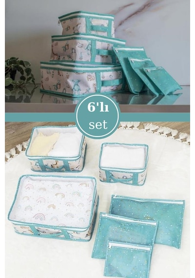 Onikiden 6 Lı Bebek Doğum Çanta Seti, Çok Kullanışlı Düzenleyici Seyahat 6 Lı Set Mavi Beyaz - Mavi