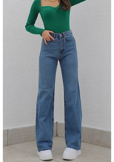 Orta Mavi Likralı Süper Yüksek Bel Salaş Jeans Palazzo Pantolon Orta Mavi