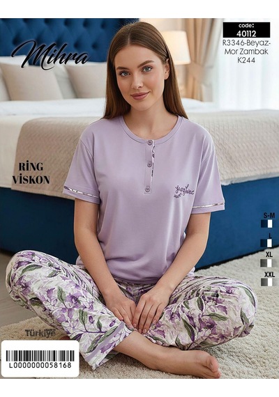 Mihra Kadın Ring Viskon Düğmeli Yaka Kısa Kol Likralı Pijama Takımı 40112m - 1 Adet Mor