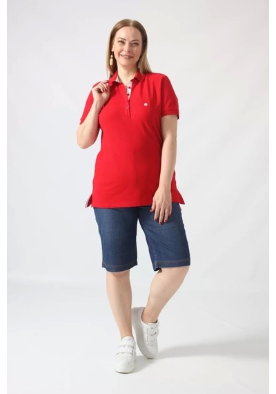Moda Berray 21305 Kısa Kollu Büyük Beden Lakost Kumas T-shirt Kırmızı Kırmızı