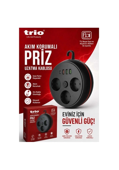 Trio Tr3444 Askılı Akım Korumalı 3li Priz Uzatma Kasblosu 2mt 3usb/1type-c 2 m