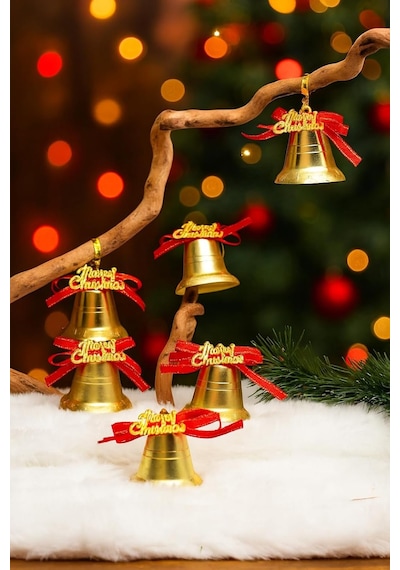 9 Adet Lüx Kırmızı Kurdelalı Yılbaşı Merry Christmas Çan Süs 5cm Yılbaşı Ağacı Süsleri Noel Süsleri