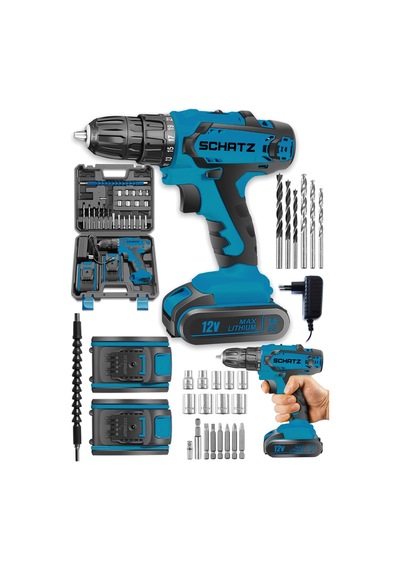 Schatz Pro 12v 1.5 Ah Darbeli Çelik Şanzıman Çift Akülü Bakır Sargılı Şarjlı Vidalama Matkap 24 Parça Mavi -