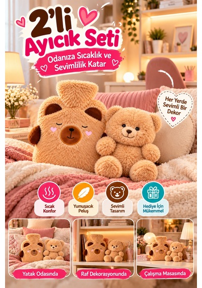 2'li Set Ayıcık Peluş Sıcak Su Torbası Ve 26 Cm Peluş Oyuncak Kahverengi Yumuşak Kılıflı İkili Takım Çok Renkli