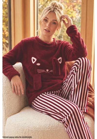Siyah İnci Bordo Nakışlı Üst Wellsoft Alt Polar Kışlık Örme Pijama Takım 26221702