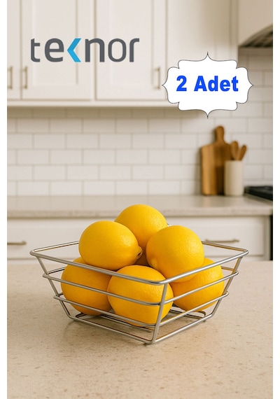 2'li Üçgen Sepet, Meyve Sepeti, Ekmek Sepeti, Modern Tel Sepet Gümüş