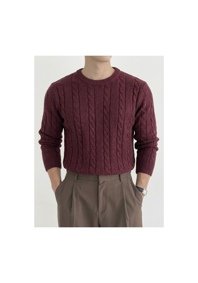 Cool Tarz Erkek Bisiklet Yaka Slim Fit Saç Örgülü Triko Kazak Bordo Bordo