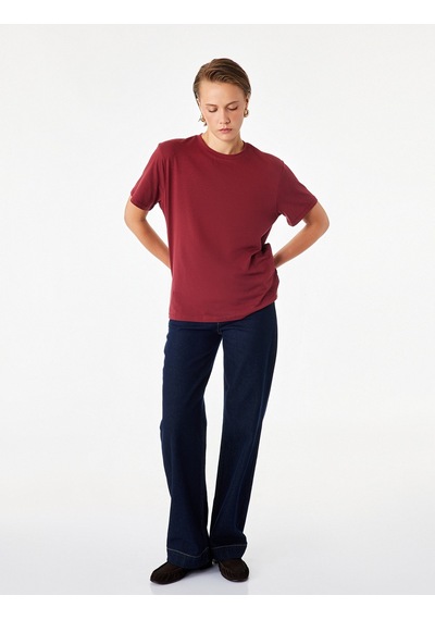 Koton Pamuklu Kısa Kollu Bisiklet Yaka Oversize Basic Tişört Bordo 7wak50007ek