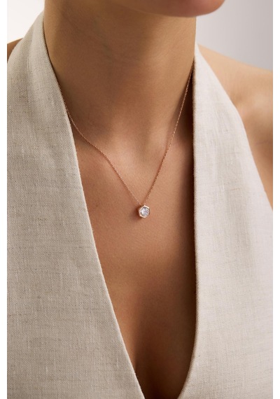 925 Ayar Gümüş Rose Kaplama Altıgen Tasarım Tektaş Kolye Rose Gold