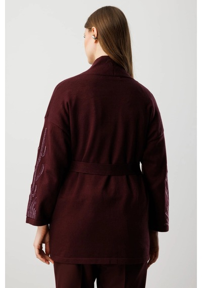 On Fashion Kadın Kolları Taşlı Kuşaklı Triko Bordo Hırka 60902 Bordo