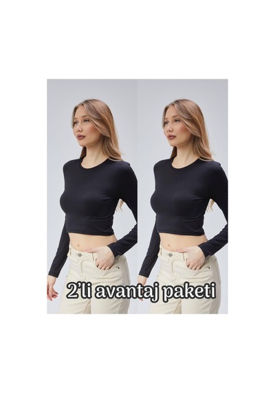 Virago 2'li Soft Touch Yuvarlak Yaka Crop Uzun Kol Bluz/body Siyah - 687153485 Siyah - 687153485 Siyah