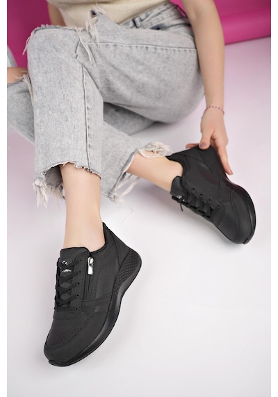 Muggo Asia Garantili Kadın Ortopedik Günlük Bağcıklı Yandan Fermuarlı Rahat Sneaker Spor Ayakkabı Siyah