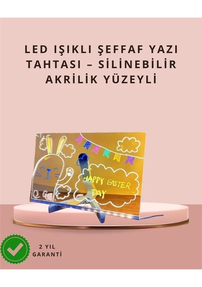 Ers Led Işıklı Şeffaf Yazı Tahtası Neon Etkili Akrilik Pano, Silinebilir, 7 Renkli Kalemli, 30x20 Cm Çok Renkli
