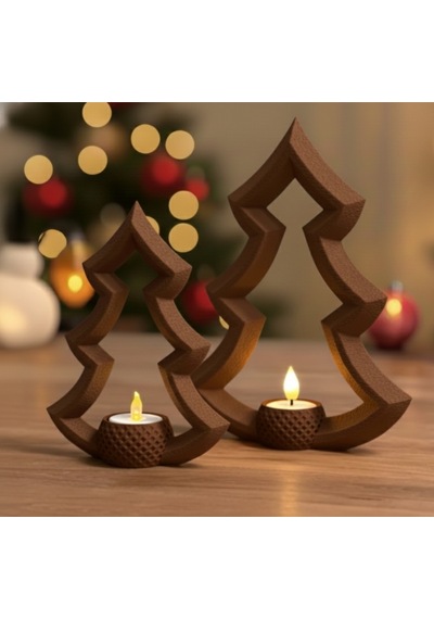 Yılbaşı Ağacı Tealight Mum Tutucu 2'li Set 18 Cm Ve 14 Cm Led Mum Hediyeli 3d Baskı Dekor