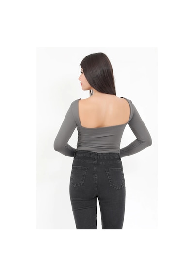 Giysa Kadın Füme Sırt Dekolteli Uzun Kollu Çıtçıtlı Esnek Zıbın Body - 2440 Füme