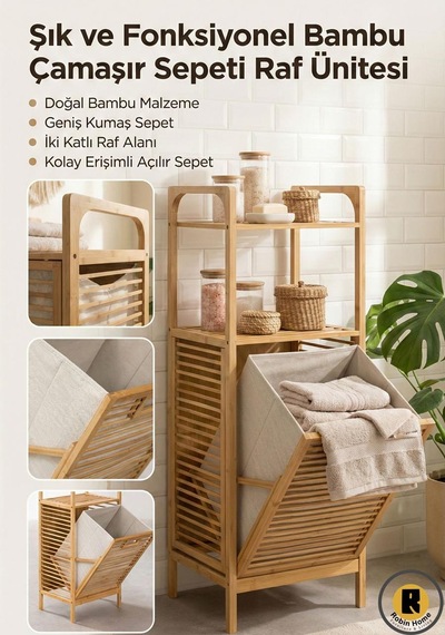 Doğal Bambu Kirli Sepetli 2 Raflı Çok Amaçlı Banyo Düzenleyici Çamaşır Sepeti Organizer Bej