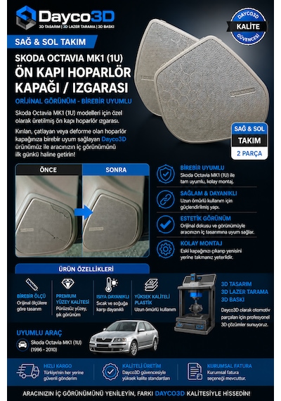Dayco3d Skoda Octavia Mk1 1u Ön Kapı Hoparlör Izgarası / Kapı Kolonu Hoparlör Kapağı Sağ + Sol Takım 0