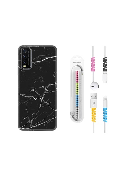 Vivo Y20 Kılıf Kablo Koruyuculu Siyah Mermer 1299