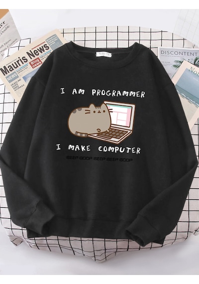Startmore Startmoreben Programcı Bilgisayarı Yapıyorum Komik Kedi Kadın Hoody Kore Moda Kazak Sokak Rahat Giysil Siyah